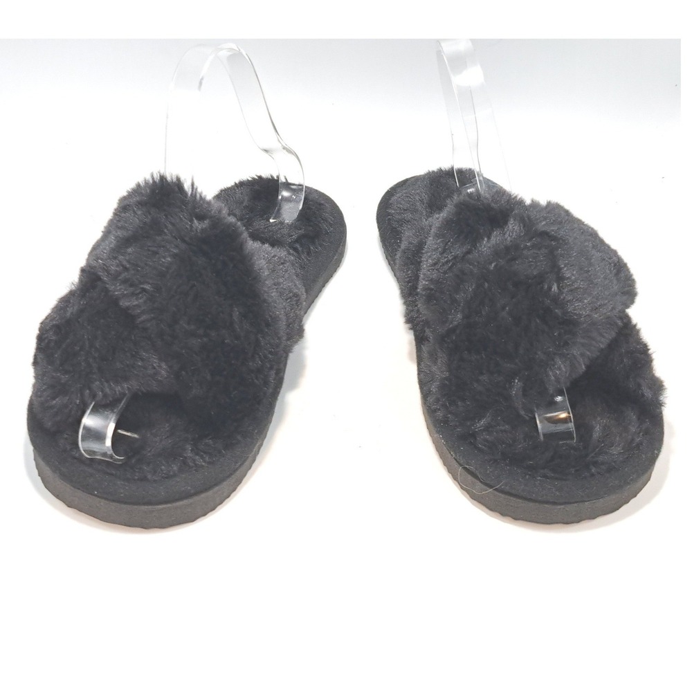 Black Faux Fur Crisscross Slide Slippers Women‎ Size 9-10 Cozy House Shoes